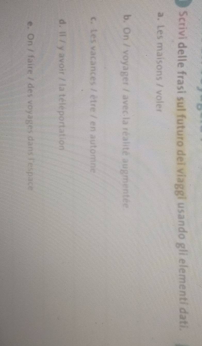 Scrivi delle frasí sul futuro del viaggi usando gli elementi dati 
a. Les maisons / voler 
b. On / voyager / avec la réalité augmentée 
c. Les vacances / être / en automne 
d. II / y avoir / la téléportation 
e. On / faire / des voyages dans lespace
