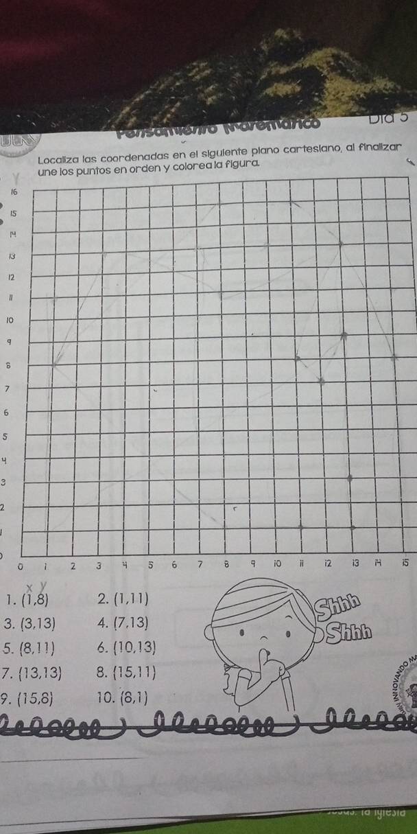 Localiza las coordenadas en el siguiente plano cartesiano, al finalizar 
une los puntos en orden y colorea la figura.
16
15
13
12
10
q
B
7
6
5
3
2
0 1 2 3 4 5 6 7 8 9 i0 ⅱ i2 13 H 15
1. (1,8) 2. (1,11)
3. (3,13) 4. (7,13)
5. (8,11) 6. (10,13)
7. (13,13) 8. (15,11)
9. (15,8) 10. (8,1)
