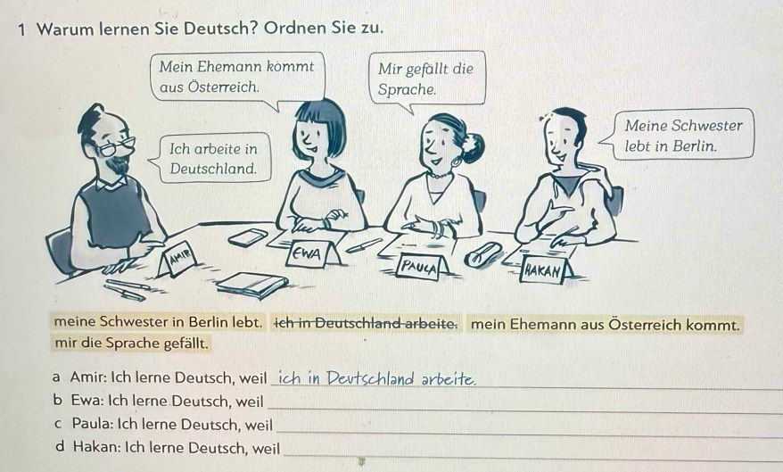 Warum lernen Sie Deutsch? Ordnen Sie zu. 
meine Schwester in Berlin lebt. ich in Deutschland arbeite. mein Ehemann aus Österreich kommt. 
mir die Sprache gefällt. 
_ 
a Amir: Ich lerne Deutsch, weil ich in Deutschland arbeite 
_ 
b Ewa: Ich lerne Deutsch, weil 
_ 
c Paula: Ich lerne Deutsch, weil 
_ 
d Hakan: Ich lerne Deutsch, weil