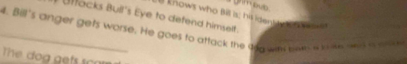 grm pub . 
U knows who Bill is; his identib a sa ore 
Blfacks Bull's Eye to defend himself . 
_4. Bill's anger gets worse. He goes to attack the dog wit bet wkise ws a we 
The dog gets s cat