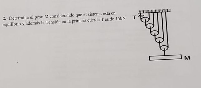 2.- Determine el peso M considerando que el sistema esta en 
equilibrio y además la Tensión en la primera cuerda T es de 15kN