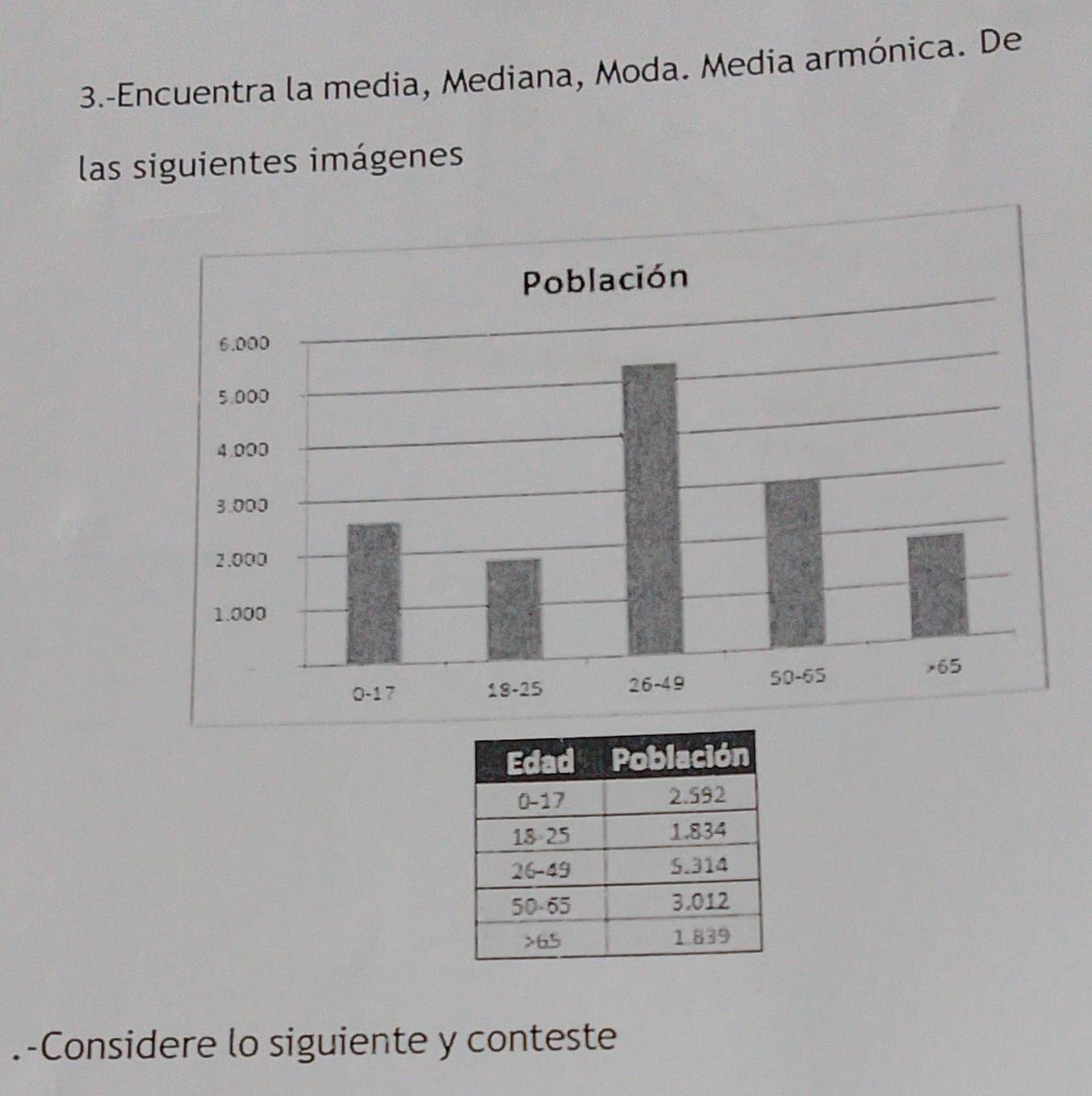 3.-Encuentra la media, Mediana, Moda. Media armónica. De 
las siguientes imágenes 
.-Considere lo siguiente y conteste