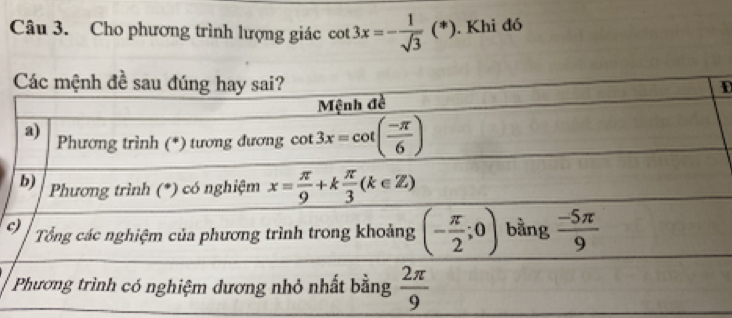 Cho phương trình lượng giác cot 3x=- 1/sqrt(3) (*). Khi đó
D
c