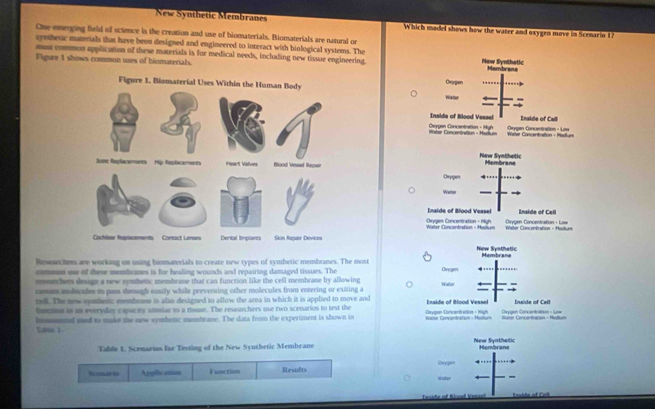 New Synthetic Membranes Which model shows how the water and oxygen move in Scenario 1?
One emerging field of science is the creation and use of biomaterials. Biomaterials are natural or
syetherc materials that have been designed and engineered to interact with biological systems. The
mum common application of these materials is for medical needs, including new tissue engineering New Synthatic Membrane
Figure 1 shows common uses of biomaterials. Chrygen
Water
→
Inside of Blood Vessel Inside of Cell
Oxygen Concentration - High Water Concentration - Medium Crygen Concentration - Low Water Concentration - Mediun
New Synthetic
Membrane
Oxrygen - . . . .
Water —
Inside of Blood Vessel Inside of Cell
Oxygen Concentration - High Water Concentration - Medium Water Concentration - Medium Oxygen Concentration - Low
New Synthetic
Membrane
Resenechers are working on using binmaterials to create new types of synthetic membranes. The most
Chvygen
common use of these membranes is for healing wounds and repairing damaged tissues. The - …
resmechers design a new symthenc membrane that can function like the cell membrane by allowing
ceston moducules to pass through eaily while preventing other molecules from entering or exiting a Water 4-
rell. The new smhes; membrme is also designed to allow the area in which it is applied to move and Inside of Blood Vessel Inside of Cell
functina in an everyday capacity samiar to a rissue. The researchers use two scenarios to test the
bummmnd uned to make the new symhetic mumbrane. The dara from the experiment is shown in Oxygen Concentration - high Wator Concentration - Medium Oxygen Concentration - Low Wlater Concentration - Medium
Tanoo 2
New Synthetic
Tafle 1. Scenarias for Testing of the New Synthetic Membrane Membrane
aoe
Somaris Application Functism Results
a Water
eside of Blond Vessei Insida of Cell