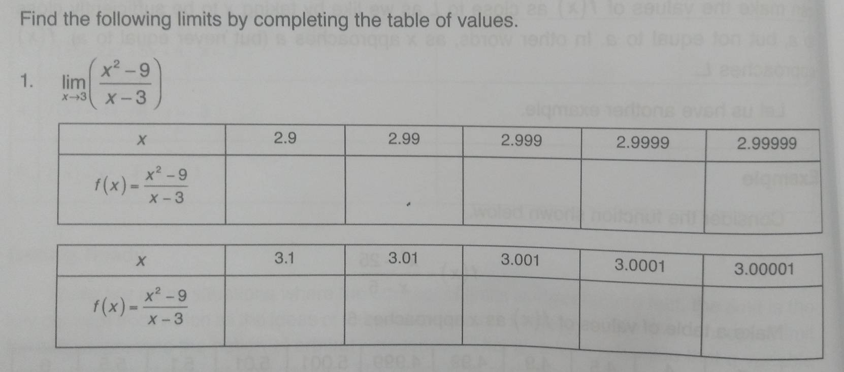 Find the following limits by completing the table of values.
1. limlimits _xto 3( (x^2-9)/x-3 )