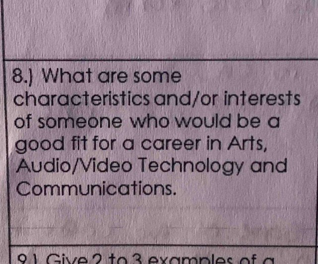 8.) What are some 
characteristics and/or interests 
of someone who would be a 
good fit for a career in Arts, 
Audio/Video Technology and 
Communications. 
8 1 Give 2 to3 examples o f a