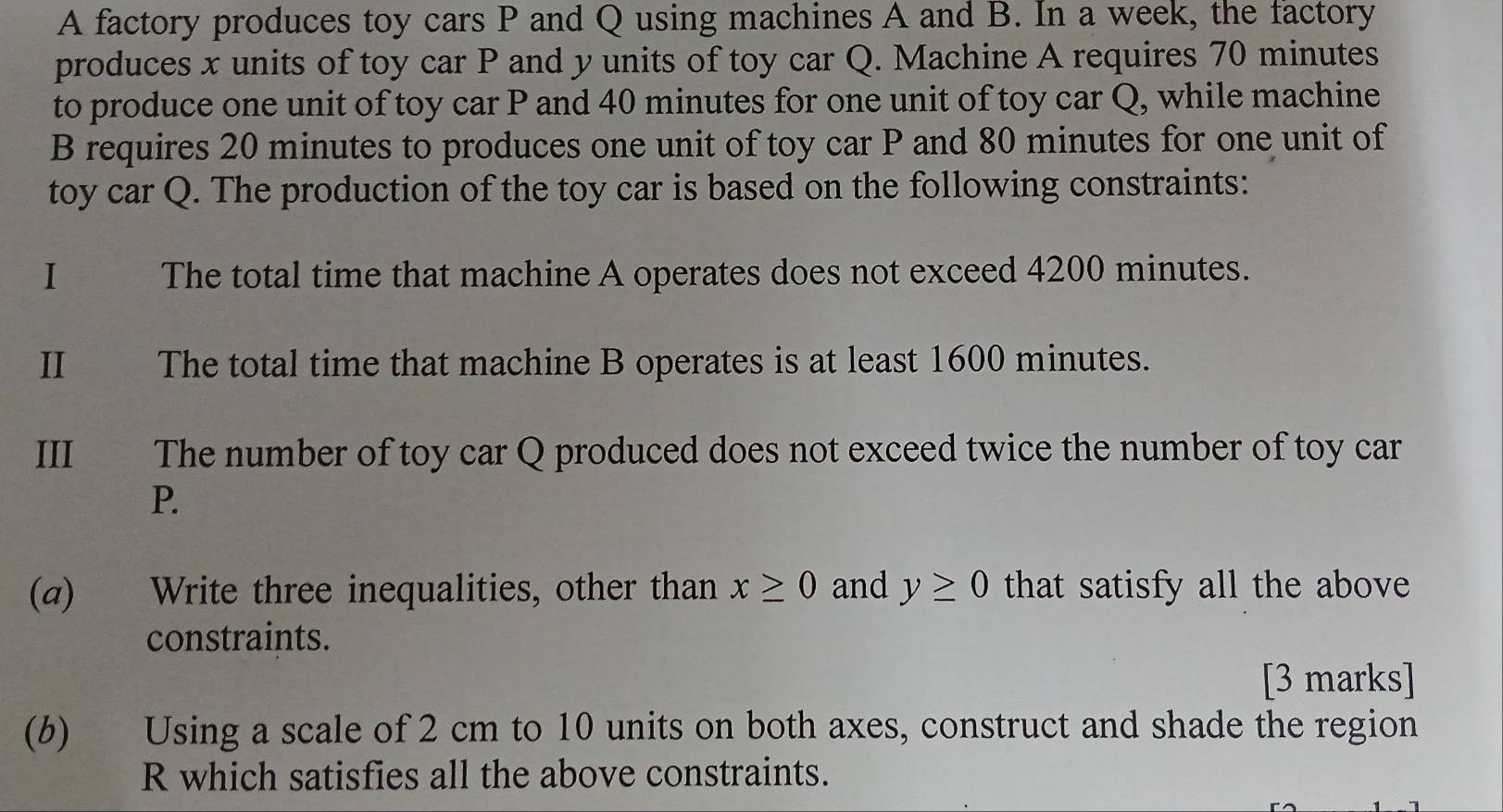 A factory produces toy cars P and Q using machines A and B. In a week, the factory 
produces x units of toy car P and y units of toy car Q. Machine A requires 70 minutes
to produce one unit of toy car P and 40 minutes for one unit of toy car Q, while machine 
B requires 20 minutes to produces one unit of toy car P and 80 minutes for one unit of 
toy car Q. The production of the toy car is based on the following constraints: 
I The total time that machine A operates does not exceed 4200 minutes. 
II ‘ The total time that machine B operates is at least 1600 minutes. 
III The number of toy car Q produced does not exceed twice the number of toy car
P. 
(a) Write three inequalities, other than x≥ 0 and y≥ 0 that satisfy all the above 
constraints. 
[3 marks] 
(b) Using a scale of 2 cm to 10 units on both axes, construct and shade the region 
R which satisfies all the above constraints.