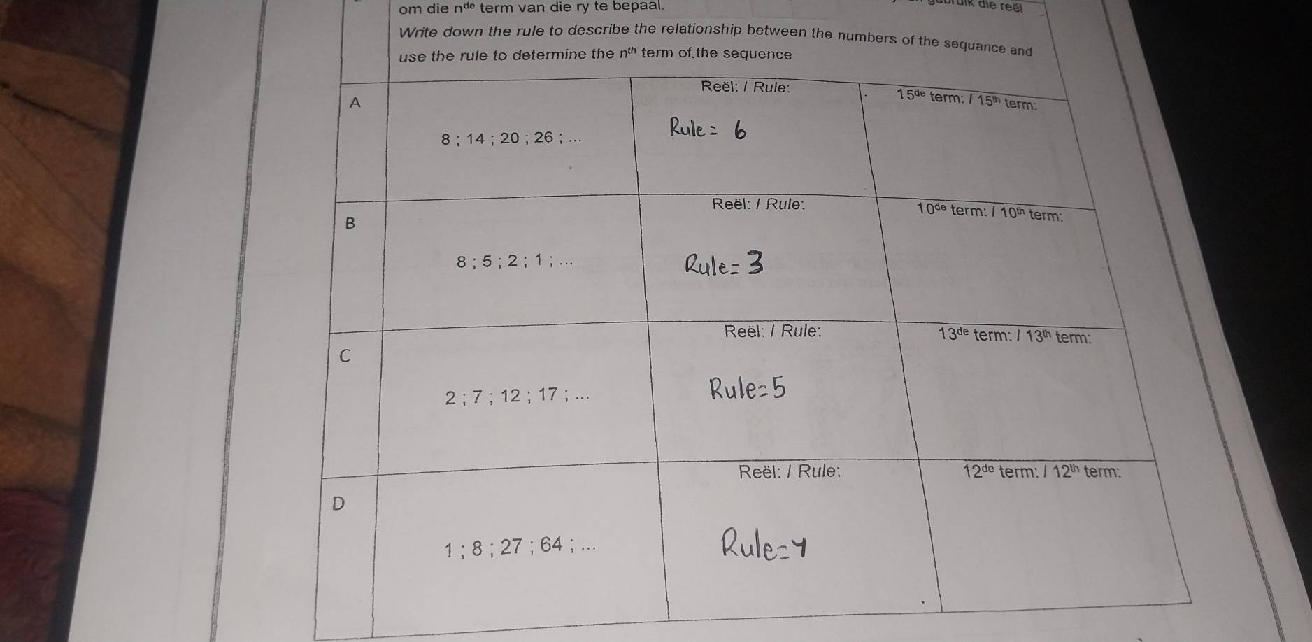 om die n^(de) term van die ry te bepaal.
Lbruik die reël
Write down the rule to describe the relationship between 
_