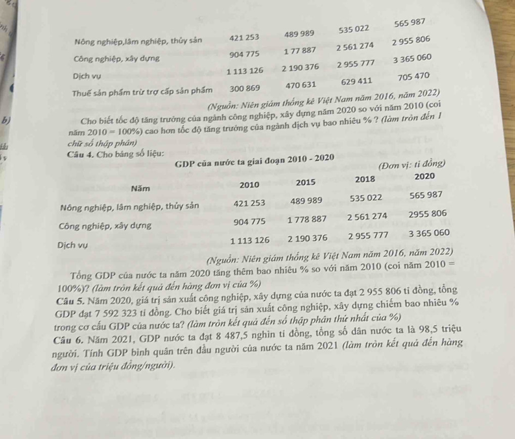 Nông nghiệp,lâm nghiệp, thủy sản 421 253 489 989 535 022 565 987
2 955 806
Công nghiệp, xây dựng 904 775 1 77 887 2 561 274
Dịch vụ 1 113 126 2 190 376 2 955 777 3 365 060
6 300 869 470 631 629 411 705 470
Thuế sản phẩm trừ trợ cấp sản phẩm
b) (Nguồn: Niên giám thống kê Việt Nam năm 2016, năm 2022)
Cho biết tốc độ tăng trưởng của ngành công nghiệp, xây dựng năm 2020 so với năm 2010 (coi
năm 2010=100% () cao hơn tốc độ tăng trưởng của ngành dịch vụ bao nhiêu % ? (làm tròn đến 1

chữ số thập phân)
v
Câu 4. Cho bảng số liệu:
GDP của nước ta giai đoạn 2010 - 2020
(Đơn vị: tỉ đồng)
Năm 2010 2015 2018 2020
Nông nghiệp, lâm nghiệp, thủy sản 421 253 489 989 535 022 565 987
Công nghiệp, xây dựng 904 775 1 778 887 2 561 274 2955 806
Dịch vụ 1 113 126 2 190 376 2 955 777 3 365 060
(Nguồn: Niên giám thổng kê Việt Nam năm 2016, năm 2022)
Tổng GDP của nước ta năm 2020 tăng thêm bao nhiêu % so với năm 2010 (coi năm 20 10=
100%)? (làm tròn kết quả đến hàng đơn vị của %)
Cầu 5. Năm 2020, giá trị sản xuất công nghiệp, xây dựng của nước ta đạt 2 955 806 tỉ đồng, tổng
GDP đạt 7 592 323 ti đồng. Cho biết giá trị sản xuất công nghiệp, xây dựng chiếm bao nhiêu %
trong cơ cấu GDP của nước ta? (làm tròn kết quả đến số thập phân thứ nhất của %)
Cầu 6. Năm 2021, GDP nước ta đạt 8 487,5 nghìn ti đồng, tổng số dân nước ta là 98,5 triệu
người. Tính GDP bình quân trên đầu người của nước ta năm 2021 (làm tròn kết quả đến hàng
đơn vị của triệu đồng/người).