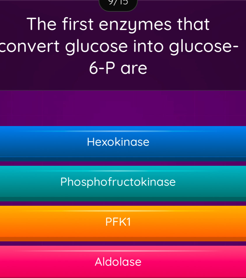 The first enzymes that
convert glucose into glucose-
6-P are
Hexokinase
Phosphofructokinase
PFK1
Aldolase