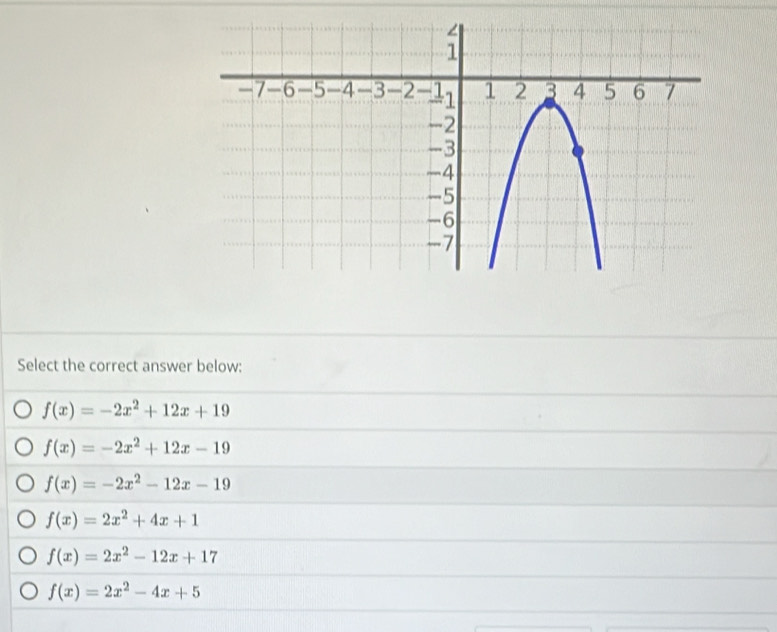 Select the correct answer below:
f(x)=-2x^2+12x+19
f(x)=-2x^2+12x-19
f(x)=-2x^2-12x-19
f(x)=2x^2+4x+1
f(x)=2x^2-12x+17
f(x)=2x^2-4x+5