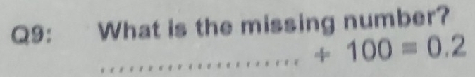 What is the missing number? 
_ / 100=0.2