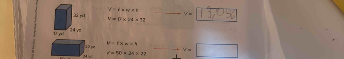 V=ell * w* h
V=
V=17* 24* 32
V=ell * w* h
24 yd V=50* 24* 22 to V=□