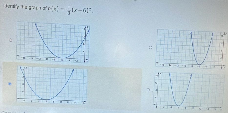 Identify the graph of n(x)= 1/3 (x-6)^2.