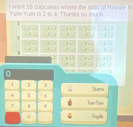 want 18 cupcakes where the ratio of Royale to 
Yum-Yum is 2 to 4. Thanks so much.
1 2 3
Storm
4 5 6
7 8 9
Yum-Yum 
0 Royale