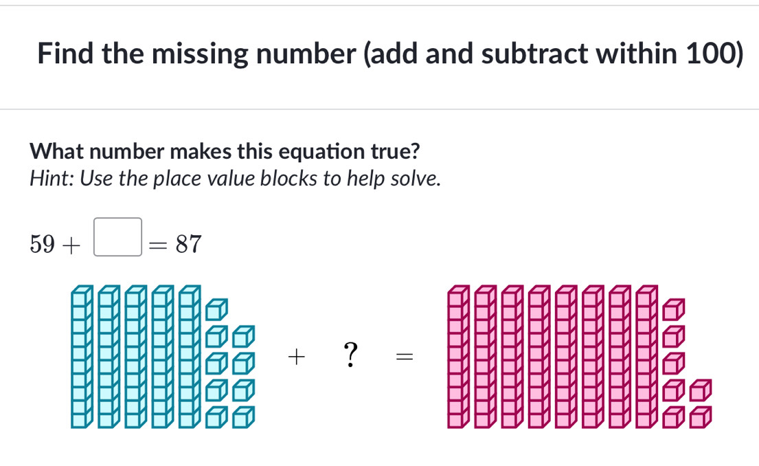 Find the missing number (add and subtract within 100) 
What number makes this equation true? 
Hint: Use the place value blocks to help solve.
59+□ =87
+ ？ =