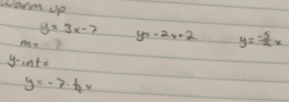 warm up
y=3x-7 y=-2x+2 y= (-5)/2 x
m=-
y -ints
y=-7·  1/4 v