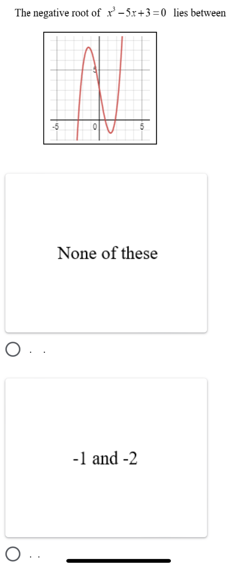 The negative root of x^3-5x+3=0 lies between
None of these
-1 and -2