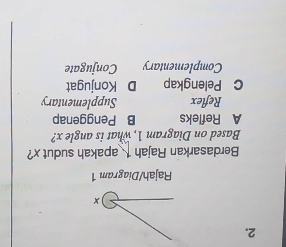 x
Rajah/Diagram 1
Berdasarkan Rajah 1 apakah sudut x?
Based on Diagram 1, what is angle x?
A Refleks B Penggenap
Reflex Supplementary
C Pelengkap D Konjugat
Complementary Conjugate