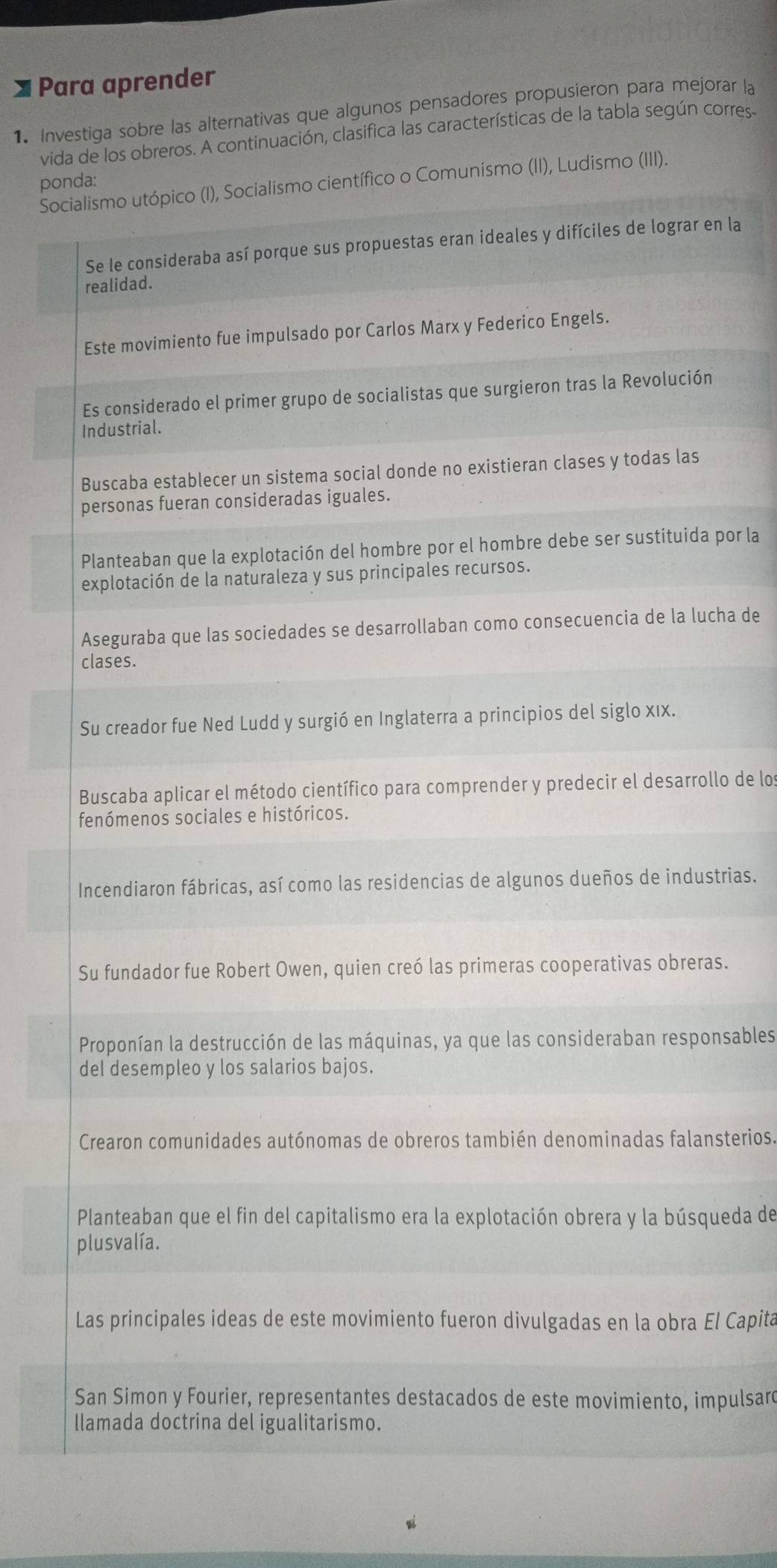 Para aprender
1. Investiga sobre las alternativas que algunos pensadores propusieron para mejorar la
vida de los obreros. A continuación, clasifica las características de la tabla según corres.
ponda:
Socientífico o Comunismo (II), Ludismo (III).
en la
n
a por la
cha de
ollo de los
strias.
as.
onsables
nsterios.
queda de
El Capita
mpulsard