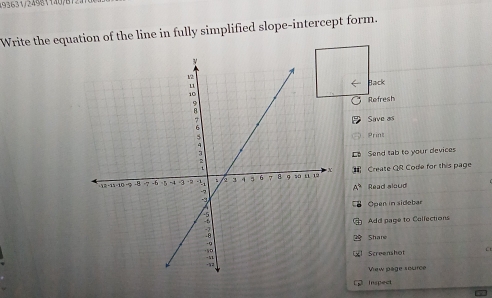 193631/245811 
Write the equation of the line in fully simplified slope-intercept form. 
Back 
Refresh 
Save as 
Print 
Send tab to your devices 
Create QR Code for this page 
Read sloud 
Open in sidebar 
Add page to Collections 
Share 
Screenshot C 
Vew page source 
Inspect