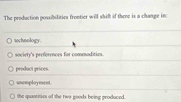 The production possibilities frontier will shift if there is a change in:
technology.
society's preferences for commodities.
product prices.
unemployment.
the quantities of the two goods being produced.