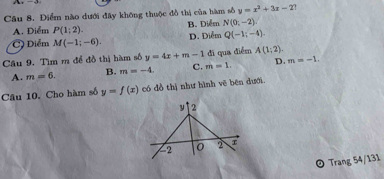 -3.
Câu 8. Điểm nào dưới đây không thuộc đồ thị của hàm số y=x^2+3x-2 7
A. Điểm P(1;2). B. Điểm N(0;-2).
C Điểm M(-1;-6). D. Điểm Q(-1;-4). 
Câu 9. Tìm m để đồ thị hàm số y=4x+m-1 đi qua điểm A(1;2).
A. m=6. B. m=-4. C. m=1. D. m=-1. 
Câu 10. Cho hàm số y=f(x) có đồ thị như hình vẽ bên dưới.
y 2
-2
2
Trang 54/131