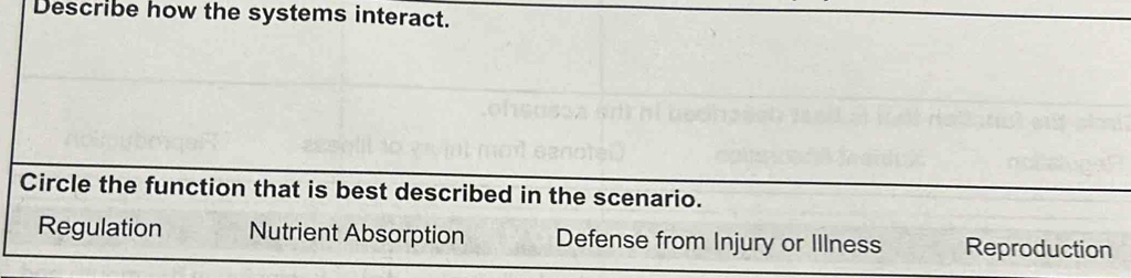 Describe how the systems interact.
Circle the function that is best described in the scenario.
Regulation Nutrient Absorption Defense from Injury or Illness Reproduction