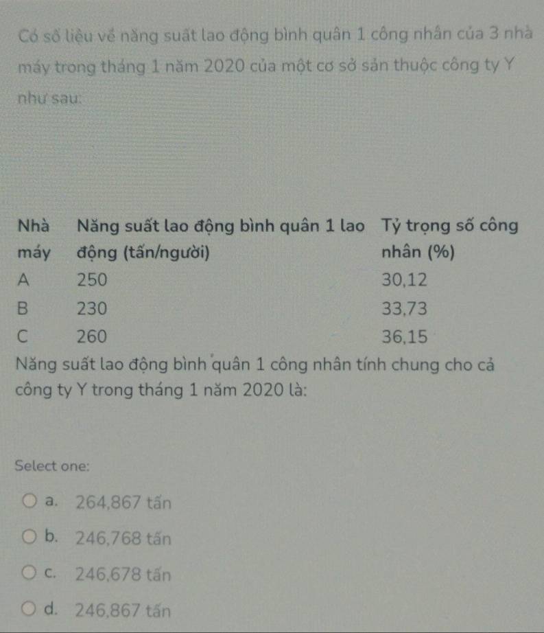 Có số liệu về năng suất lao động bình quân 1 công nhân của 3 nhà
máy trong tháng 1 năm 2020 của một cơ sở sản thuộc công ty Y
như sau:
Nhà Năng suất lao động bình quân 1 lao Tỷ trọng số công
máy động (tấn/người) nhân (%)
A 250 30,12
B 230 33,73
C 260 36,15
Năng suất lao động bình quân 1 công nhân tính chung cho cả
công ty Y trong tháng 1 năm 2020 là:
Select one:
a. 264,867 tấn
b. 246,768 tấn
c. 246,678 tấn
d. 246,867 tấn