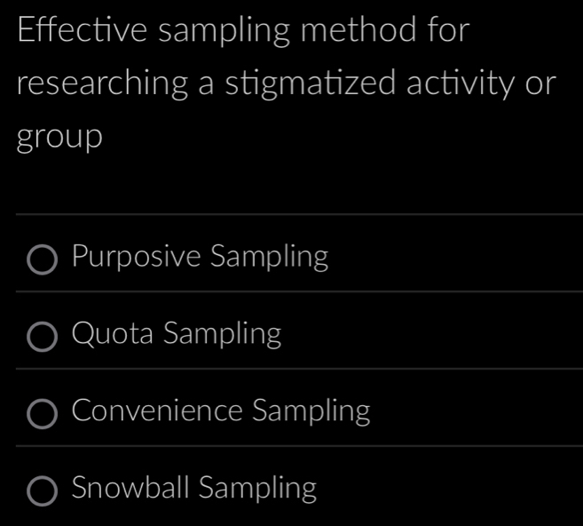 Effective sampling method for
researching a stigmatized activity or
group
Purposive Sampling
Quota Sampling
Convenience Sampling
Snowball Sampling