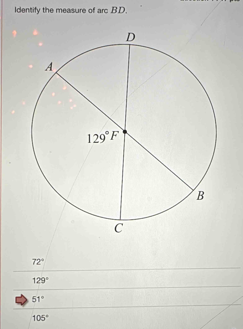 Identify the measure of arc BD.
72°
129°
51°
105°