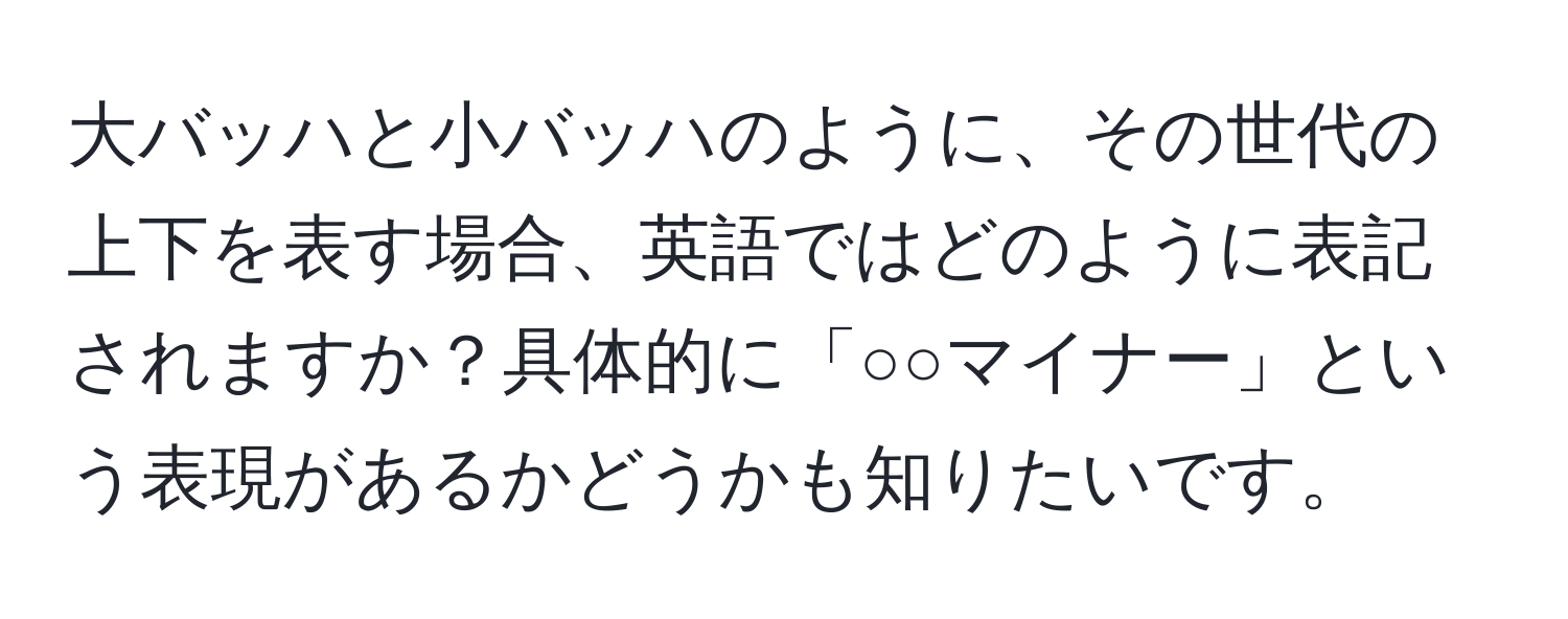 大バッハと小バッハのように、その世代の上下を表す場合、英語ではどのように表記されますか？具体的に「○○マイナー」という表現があるかどうかも知りたいです。