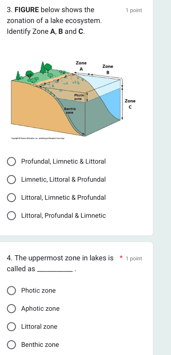 FIGURE below shows the 1 point
zonation of a lake ecosystem.
Identify Zone A, B and C.
Profundal, Limnetic & Littoral
Limnetic, Littoral & Profundal
Littoral, Limnetic & Profundal
Littoral, Profundal & Limnetic
4. The uppermost zone in lakes is * 1 point
called as_
Photic zone
Aphotic zone
Littoral zone
Benthic zone