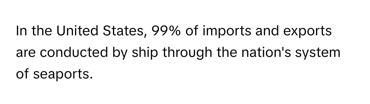 In the United States, 99% of imports and exports are conducted by ship through the nation's system of seaports.