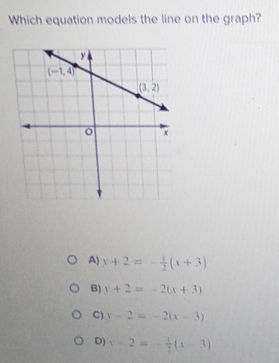 Which equation models the line on the graph?
A) y+2=- 1/2 (x+3)
B) y+2=-2(x+3)
C) x-2=-2(x-3)
D) y-2=- 1/2 (x-3)