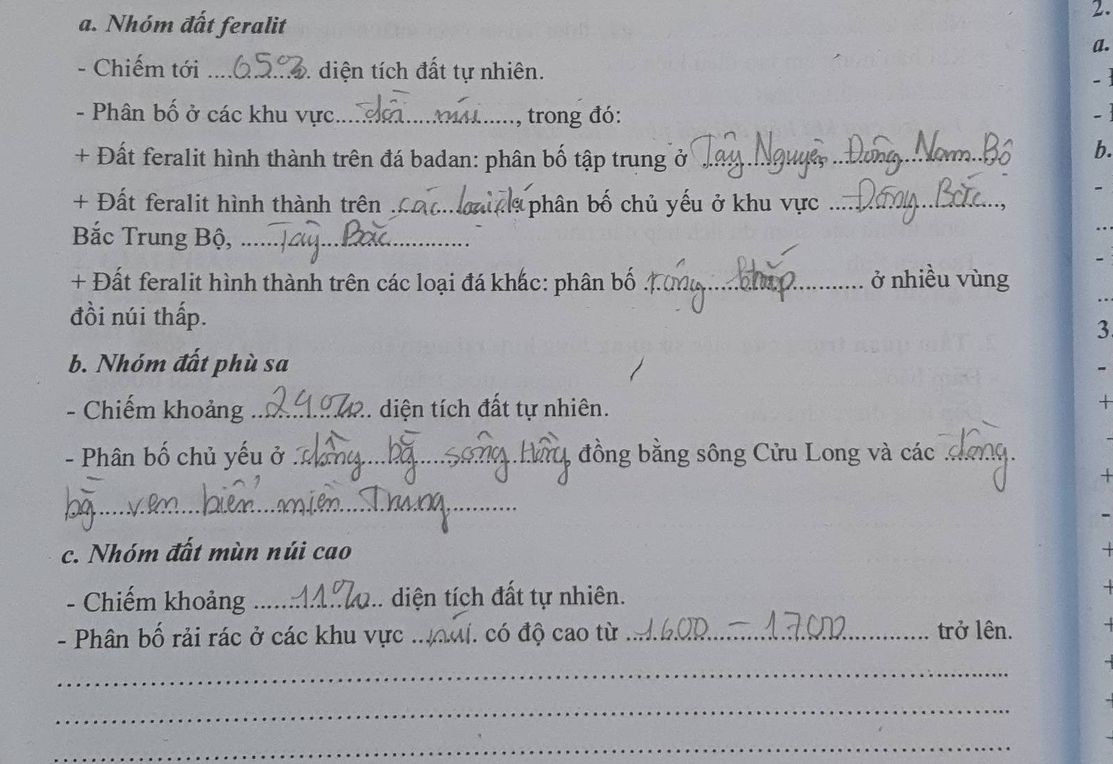 Nhóm đất feralit 
a. 
- Chiếm tới _ diện tích đất tự nhiên. 
-] 
- Phân bố ở các khu vực_ , trong đó: 
- 
+ Đất feralit hình thành trên đá badan: phân bố tập trung ở_ 
b. 
+ Đất feralit hình thành trên _la phân bố chủ yếu ở khu vực_ 
Bắc Trung Bộ,_ 
+ Đất feralit hình thành trên các loại đá khác: phân bố _ở nhiều vùng 
đồi núi thấp. 3 
b. Nhóm đất phù sa 
- Chiếm khoảng _diện tích đất tự nhiên. 
+ 
- Phân bố chủ yếu ở _đồng bằng sông Cửu Long và các ._ 
+ 
_ 
c. Nhóm đất mùn núi cao 
- Chiếm khoảng _. diện tích đất tự nhiên. 
_ 
- Phân bố rải rác ở các khu vực _J. có độ cao từ_ 
trở lên. 
_ 
_ 
_