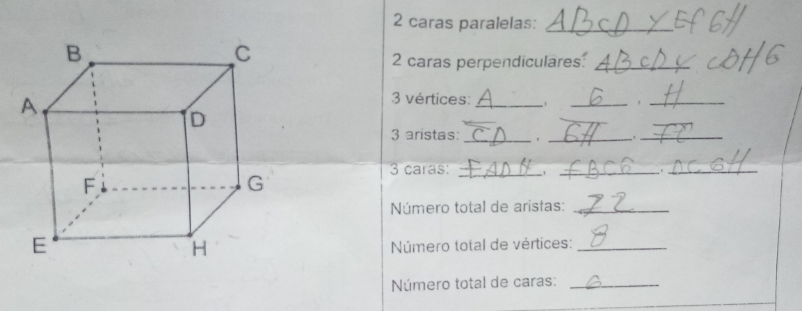 caras paralelas:_ 
2 caras perpendiculares:_ 
3 vértices: __,_ 
_ 
3 aristas: _._ 
3 caras: __._ 
Número total de aristas:_ 
Número total de vértices:_ 
Número total de caras:_