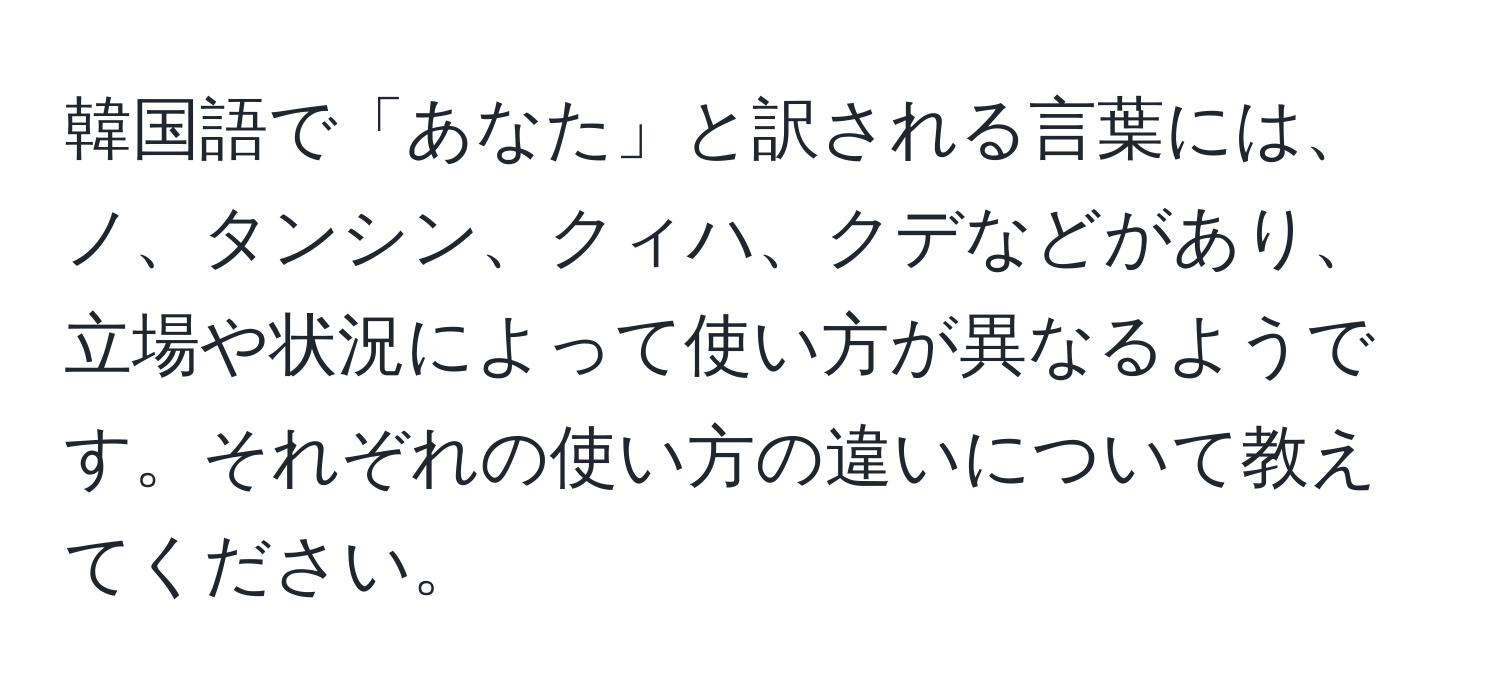 韓国語で「あなた」と訳される言葉には、ノ、タンシン、クィハ、クデなどがあり、立場や状況によって使い方が異なるようです。それぞれの使い方の違いについて教えてください。