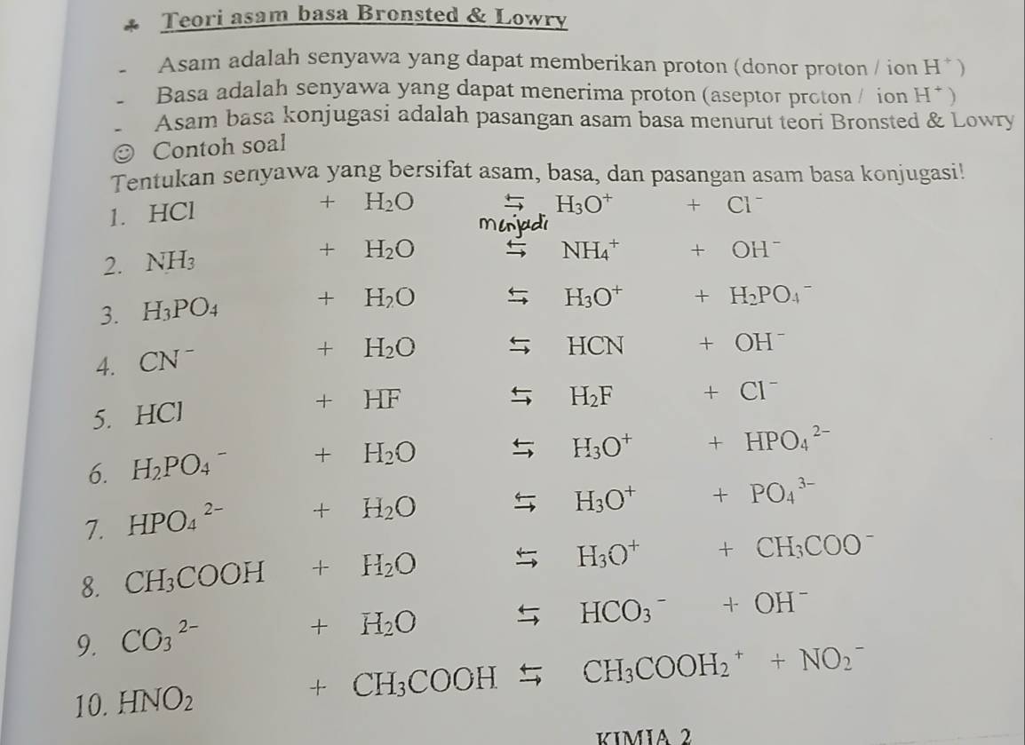 Teori asam basa Bronsted & Lowry
Asam adalah senyawa yang dapat memberikan proton (donor proton / ion H^+)
Basa adalah senyawa yang dapat menerima proton (aseptor proton / ion H^+)
Asam basa konjugasi adalah pasangan asam basa menurut teori Bronsted & Lowry
Contoh soal
Tentukan senyawa yang bersifat asam, basa, dan pasangan asam basa konjugasi!
1. HCl
+H_2O beginarrayr arrow  to endarray H_3O^+ +Cl^-
2. NH_3
+H_2O 5 NH_4^(+ +OH^-)
3. H_3PO_4
+H_2O
H_3O^+ +H_2PO_4^(-
4. CN^-)
+H_2O
HCN +OH^-
5. HCl +HF
H_2F +CI^-
6. H_2PO_4^(- +H_2)O
H_3O^+ +HPO_4^((2-)
7. HPO_4^(2-) +H_2)O
H_3O^+ □  +PO_4^((3-)
8. CH_3)COOH+H_2O
H_3O^+ +CH_3COO^-
9. CO_3^((2-)
+H_2)O
HCO_3^(-+OH^-)
10. HNO_2
+CH_3COOHxlongequal CH_3COOH_2^++NO_2^-
UI ML X