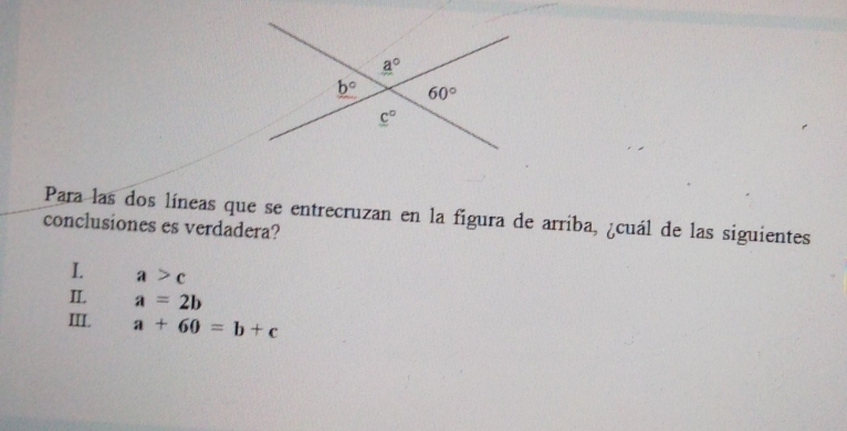 Para las dos líneas que se entrecruzan en la figura de arriba, ¿cuál de las siguientes
conclusiones es verdadera?
I. a>c
II. a=2b
III. a+60=b+c