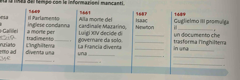 éta la linea del tempo con le informazioni mancanti. 
1649 1661 1687 1689 
esa Il Parlamento Alla morte del Isaac Guglielmo III promulga 
inglese condanna cardinale Mazarino, Newton il_ 
, 
Galilei a morte per Luigi XIV decide di _un documento che 
tradimento _governare da solo. _trasforma l’Inghilterra 
nziato L'Inghilterra La Francia diventa _in una_ 
_ 
_ 
etto ad diventa una una_ 
. 
_ 
_ 
. 
_ 
* 
.