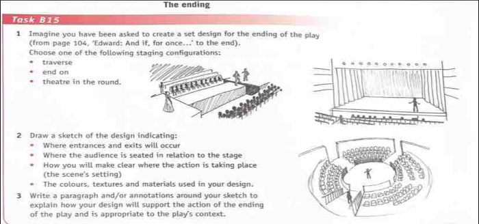 The ending 
Task B15 
1 Imagine you have been asked to create a set design for the ending of the play 
(from page 104, ‘Edward: And if, for once...’ to the end). 
Choose one of the following staging configurations: 
traverse 
end on 
theatre in the round. 
2 Draw a sketch of the design indicating: 
Where entrances and exits will occur 
Where the audience is seated in relation to the stage 
How you will make clear where the action is taking place 
(the scene's setting) 
The colours, textures and materials used in your design. 
3 Write a paragraph and/or annotations around your sketch to 
explain how your design will support the action of the ending 
of the play and is appropriate to the play's context.