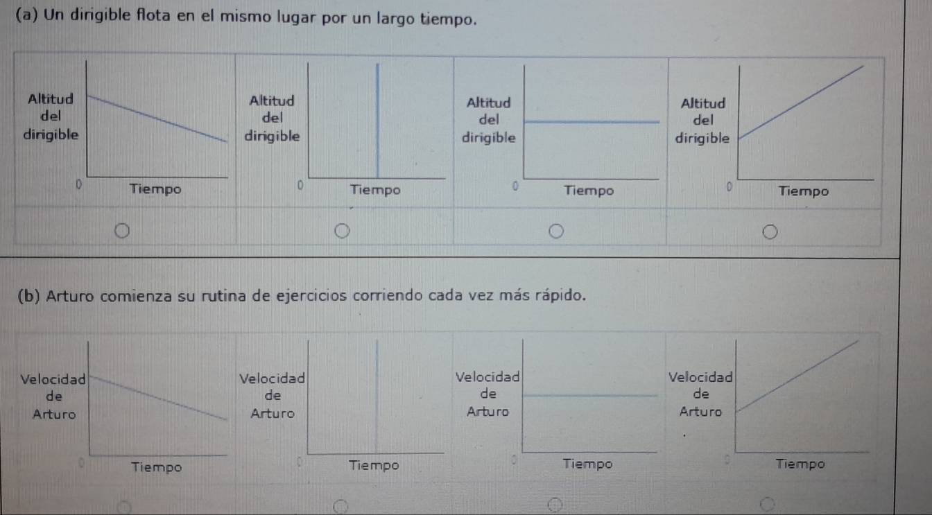 Un dirigible flota en el mismo lugar por un largo tiempo. 
(b) Arturo comienza su rutina de ejercicios corriendo cada vez más rápido.