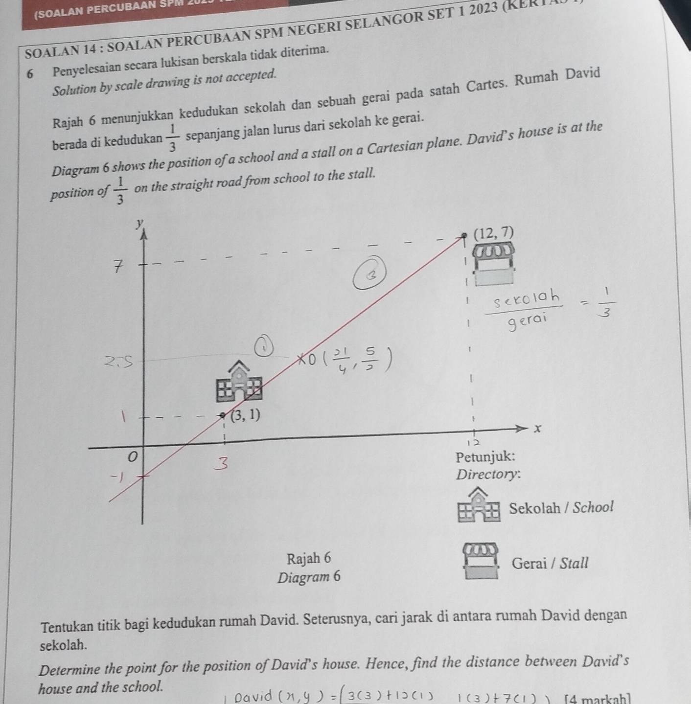 (SOALAN PERCUBAAN SPM 2
SOALAN 14 : SOALAN PERCUBAAN SPM NEGERI SELANGOR SET 1 2023 (KERTA
6 Penyelesaian secara lukisan berskala tidak diterima.
Solution by scale drawing is not accepted.
Rajah 6 menunjukkan kedudukan sekolah dan sebuah gerai pada satah Cartes. Rumah David
berada di kedudukan  1/3  sepanjang jalan lurus dari sekolah ke gerai.
Diagram 6 shows the position of a school and a stall on a Cartesian plane. David’s house is at the
position of  1/3  on the straight road from school to the stall.
School
Rajah 6
Gerai / Stall
Diagram 6
Tentukan titik bagi kedudukan rumah David. Seterusnya, cari jarak di antara rumah David dengan
sekolah.
Determine the point for the position of David’s house. Hence, find the distance between David's
house and the school.
[4 markah]