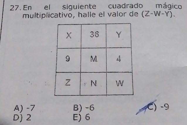 En el siguiente cuadrado mágico
multiplicativo, halle el valor de (Z-W-Y).
A) -7 B) -6 C) -9
D) 2 E) 6