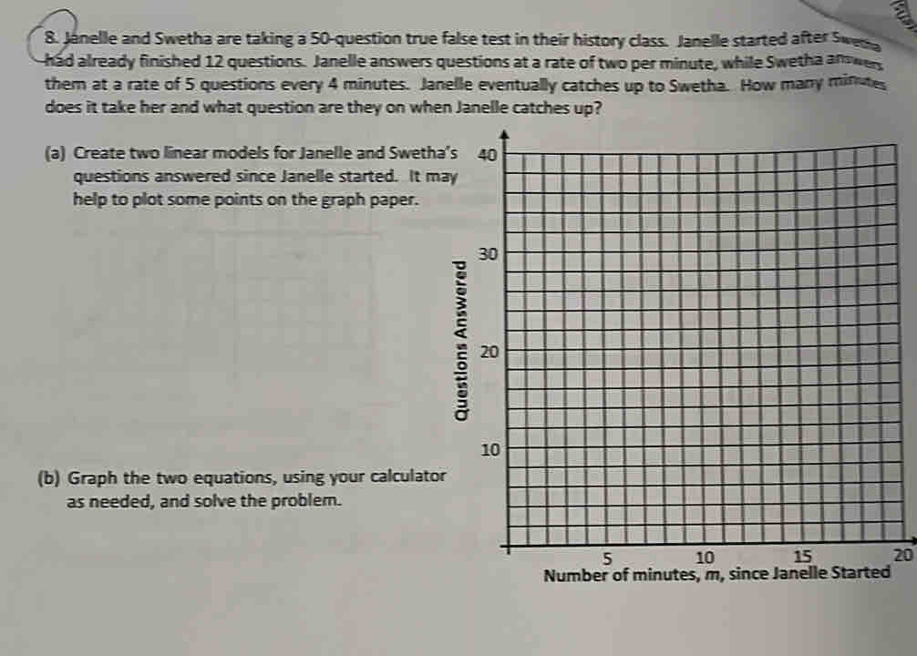 Jánelle and Swetha are taking a 50 -question true false test in their history class. Janelle started after Swes 
had already finished 12 questions. Janelle answers questions at a rate of two per minute, while Swetha answer 
them at a rate of 5 questions every 4 minutes. Janelle eventually catches up to Swetha. How many mifhtes 
does it take her and what question are they on when Janelle catches up? 
(a) Create two linear models for Janelle and Swetha's 
questions answered since Janelle started. It may 
help to plot some points on the graph paper. 
s 
(b) Graph the two equations, using your calculator 
as needed, and solve the problem.
20
Number of minutes, m, since Janelle Started