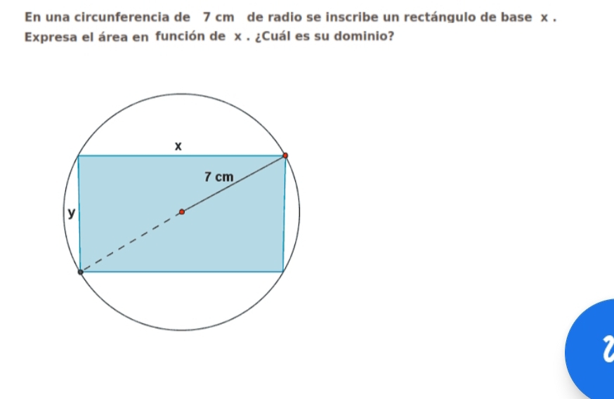 En una circunferencia de 7 cm de radio se inscribe un rectángulo de base x. 
Expresa el área en función de x. ¿Cuál es su dominio? 
1