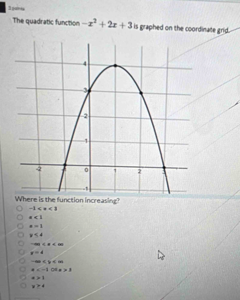 palnts
The quadratic function -x^2+2x+3 is graphed on the coordinate grid.
Where is the function increasing?
-1
a<1</tex>
z=1
y≤ 4
-∈fty
v=4
-∈fty
s 3
x>1
y≥ 4