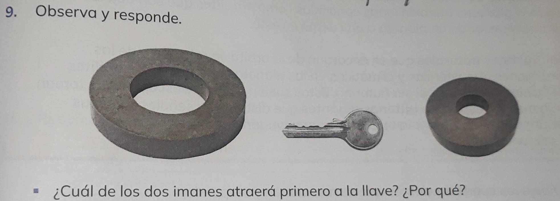 Observa y responde. 
¿Cuál de los dos imanes atraerá primero a la llave? ¿Por qué?