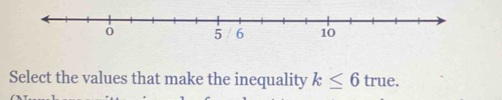 Select the values that make the inequality k≤ 6true.